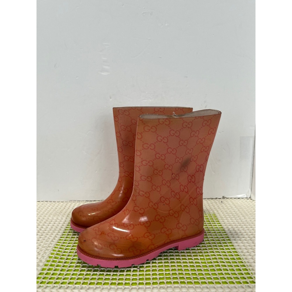 Gucci GG Monogram Rain Boots Kids 11.5 EU 29 Orange Pink Rubber Made in Italy